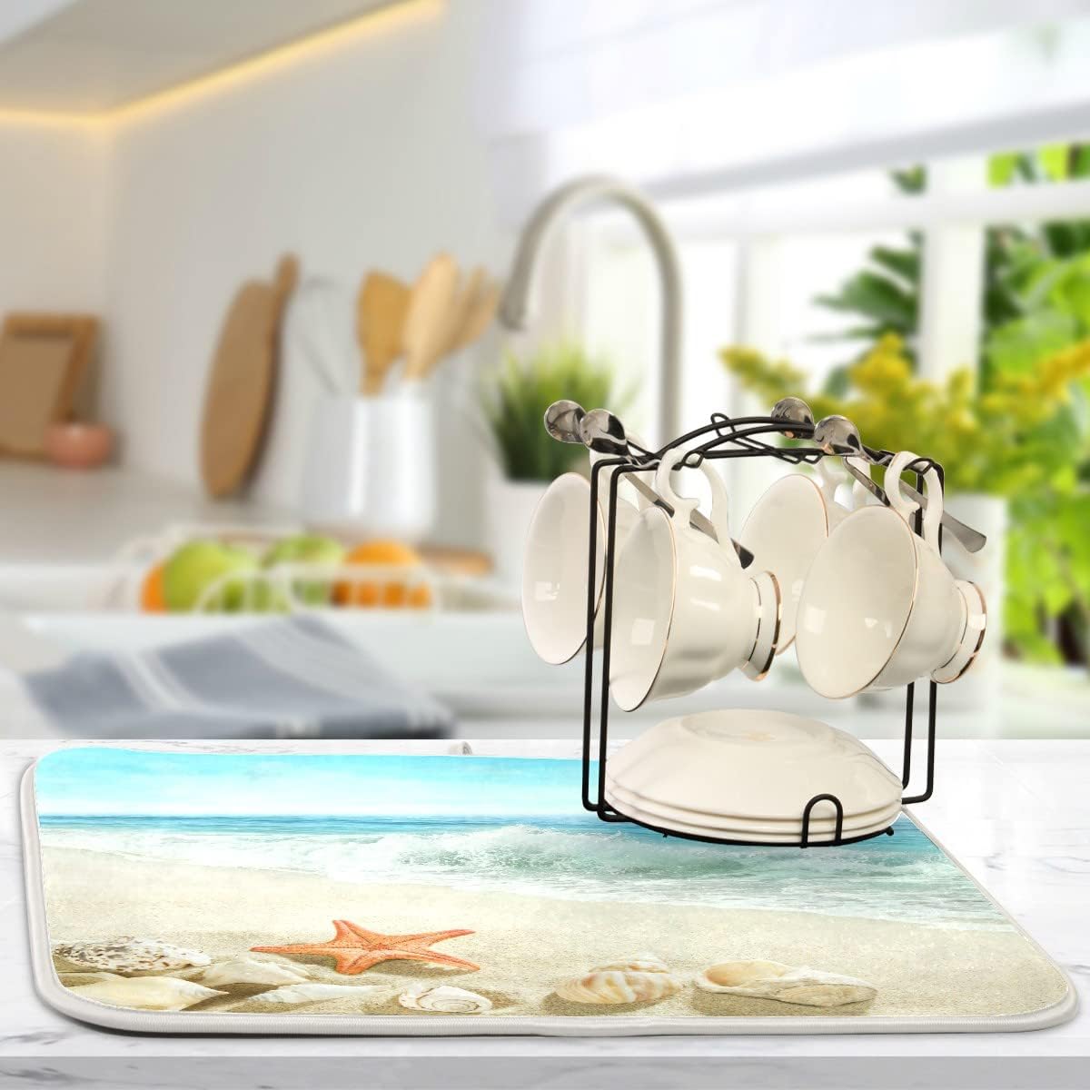 Sweetshow Summer Beach Dish Drying Mat 16 x 18 Inch Sea Wave Shells Starfish Drying Mat with High Absorbent Reversible Microfiber Kitchen Mat Dish Rack Pad Dish Drainer Mat Kitchen Counter Coffee Bar