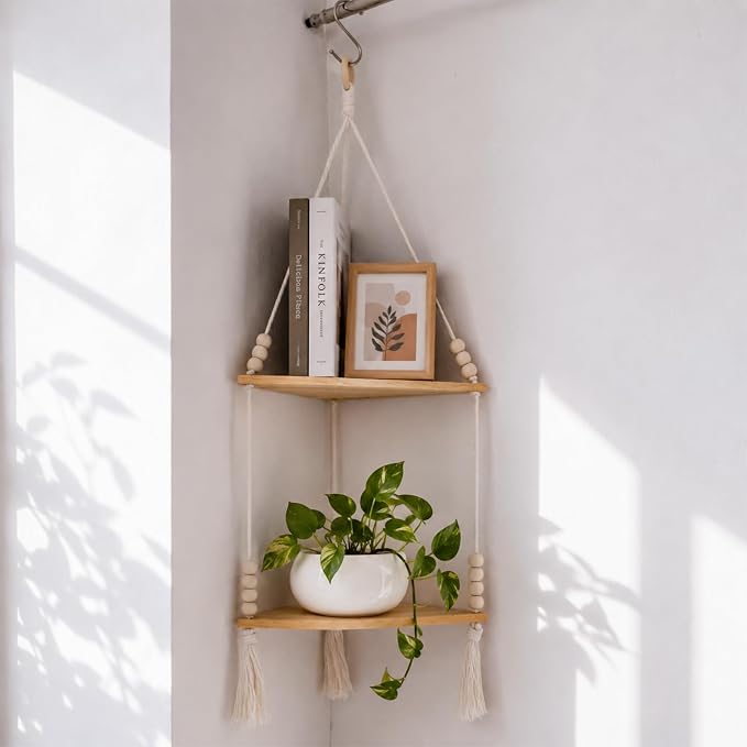 Artilady Macrame Wall Hanging Corner Shelf 2-Tier, Adjustable Boho Stable by Artilady