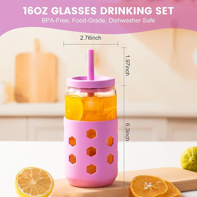 Mrsdry Glass Cups with Lids and Straws, 16oz Drinking Glasses Set with Silicone - Image 4