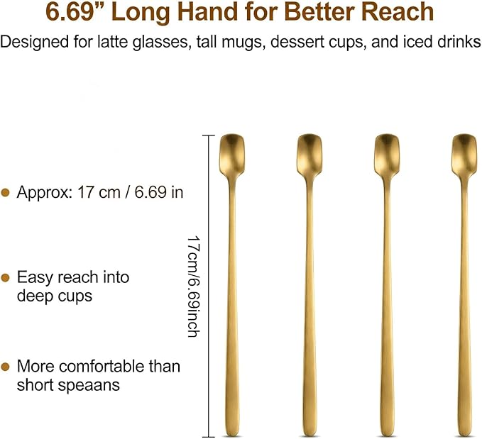 Gold Coffee Spoons Set of 4, 6.69-Inch Long Handle Square Espresso Spoons | - Image 2