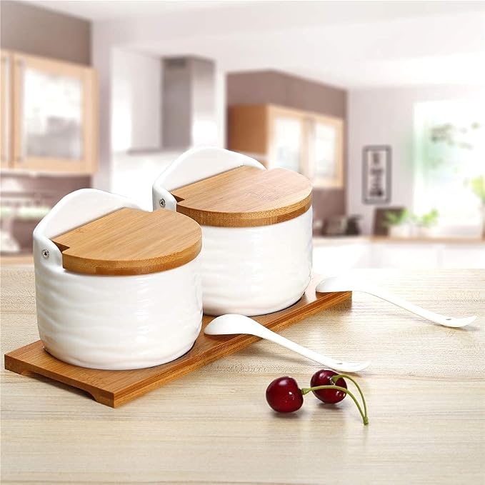 Ceramic Sugar Bowl with Bamboo Lids and Spoons Serving Tray, Porcelain Sugar - Image 9