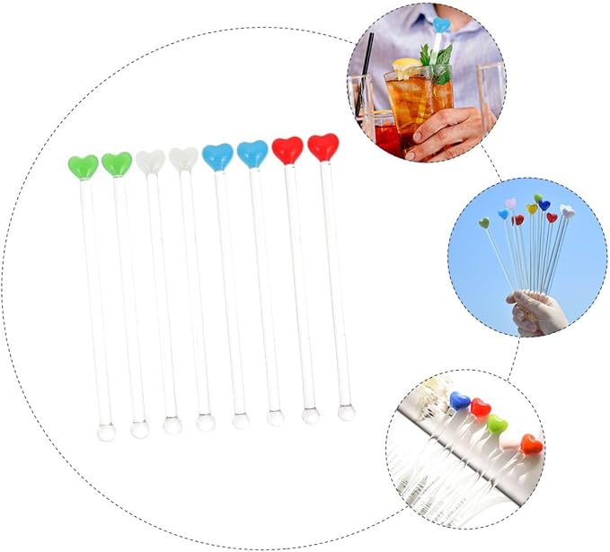 8Pcs Heart Shape Glass Stirring Sticks Set, Colorful Beverage Mixing Rods - Image 5