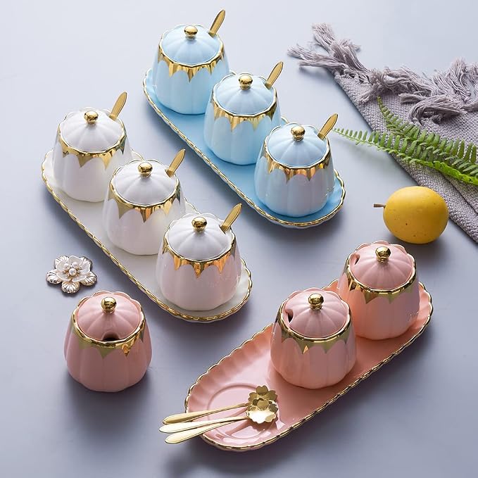 Sugar Bowl with Lid and Spoon, Ceramic Condiment Container with Tray, Sugar and - Image 3