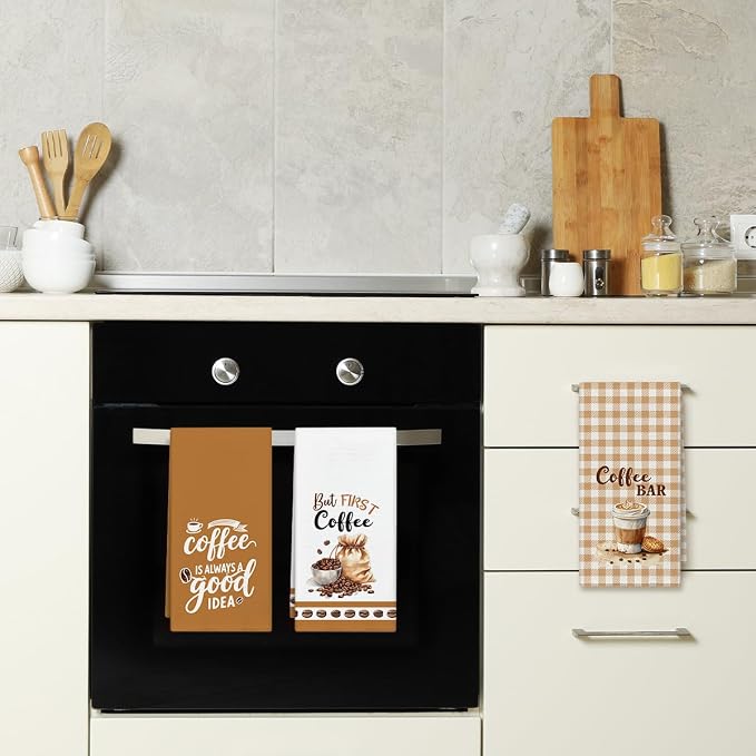 WwongxianB Funny Coffee Kitchen Towels Decorative Set of 3, Farmhouse Brown Tea - Image 4
