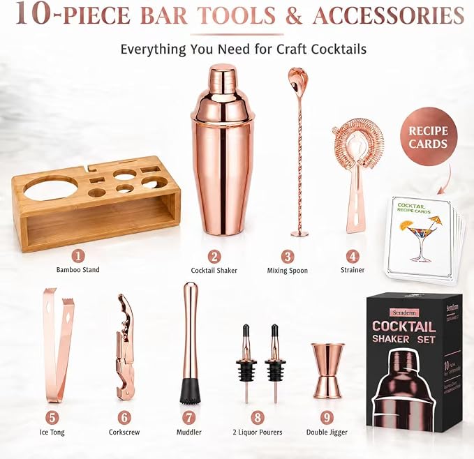 Rose Gold Cocktail Shaker Set, Premium 18/8 Stainless Steel Mixology Bartender - Image 2