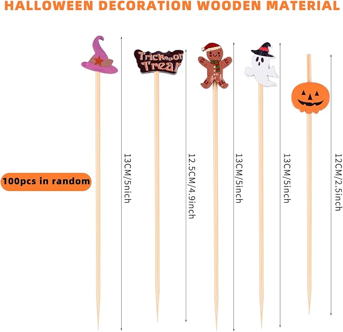 Halloween 100pcs Cocktail picks Bamboo Handmade Sticks Wooden Toothpicks - Image 4