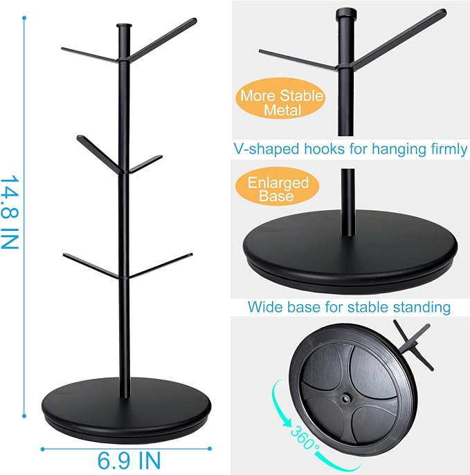 360° Rotating Mug Tree, 6 Hooks Upgraded Stable Metal Mug Holder, Bamboo Base - Image 5