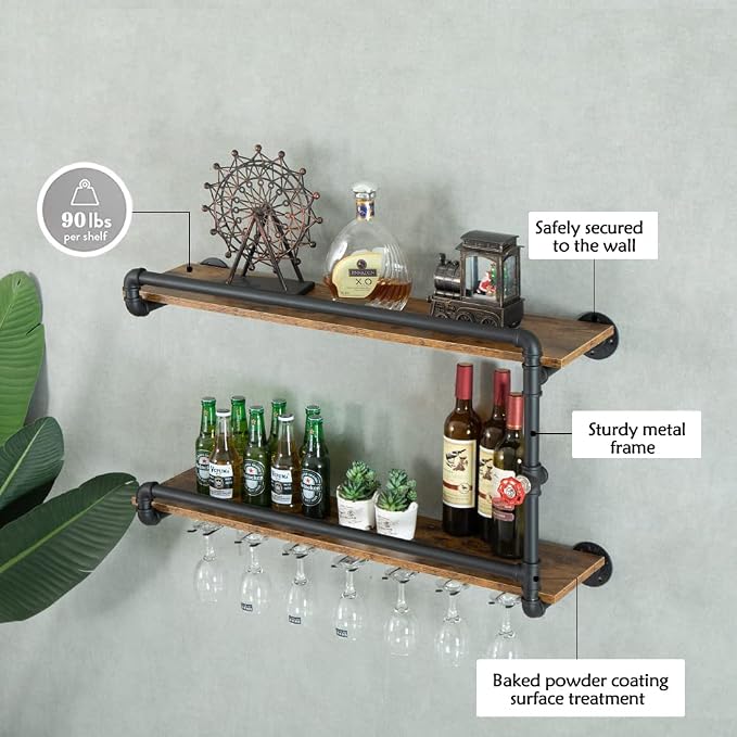 Wine Rack Wall Mounted 2 Tier, Hanging Floating Bar Liquor Shelves - Image 4