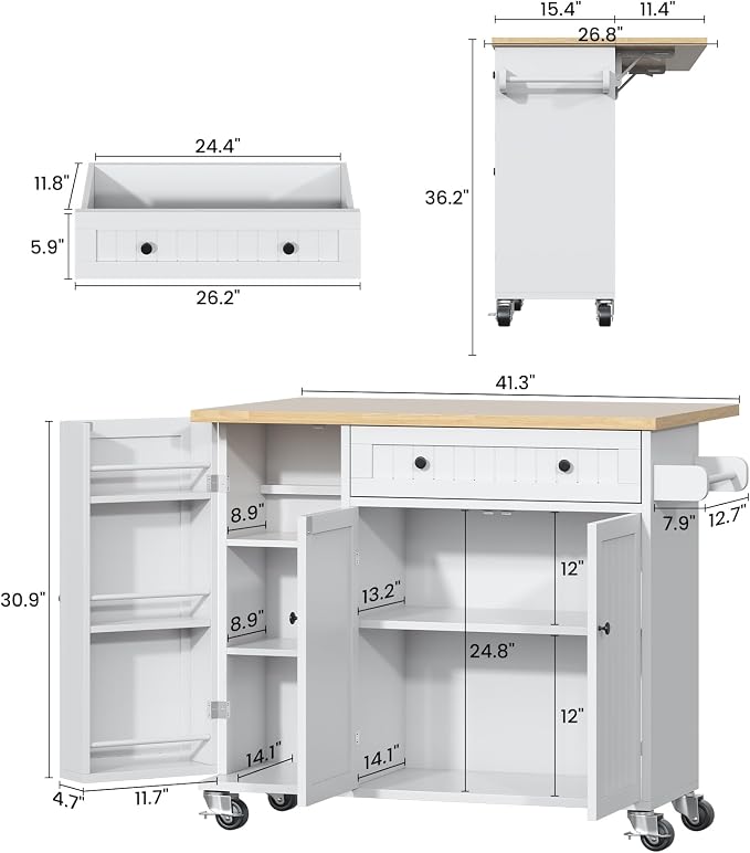 Bigbiglife Kitchen Island with Drop Leaf, Island Table on Wheels with Storage - Image 2