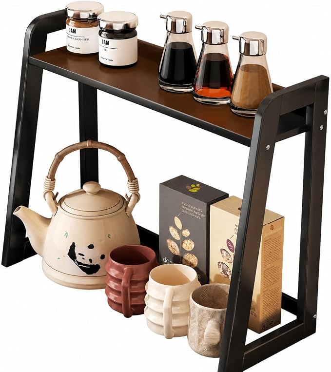 Natural Bamboo Coffee Station Organizer, 2-Tier Wooden Kitchen Counter Shelf by XIKEMADI