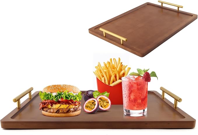 Bamboo Serving Tray with Metal Handles | Home Decorative Rectangle Ottoman - Image 4