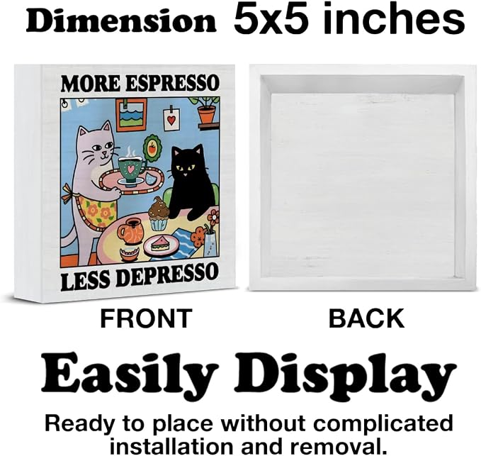 Funny Coffee Cat Decor More Espresso Less Depresso Wood Block Sign, 5 x 5 Inches - Image 2