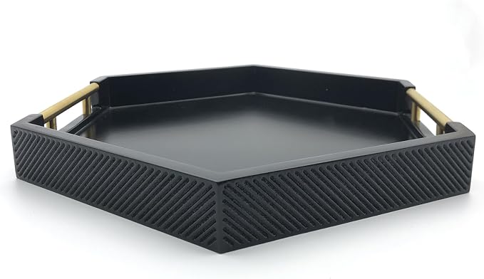 Serving Tray with Polished Metal Handles, Hexagon Coffee Table Tray, Modern - Image 4