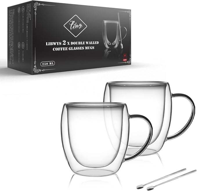 LIBWYS 2 Pack 250ml Double Walled Glass Coffee Mugs by LIBWYS