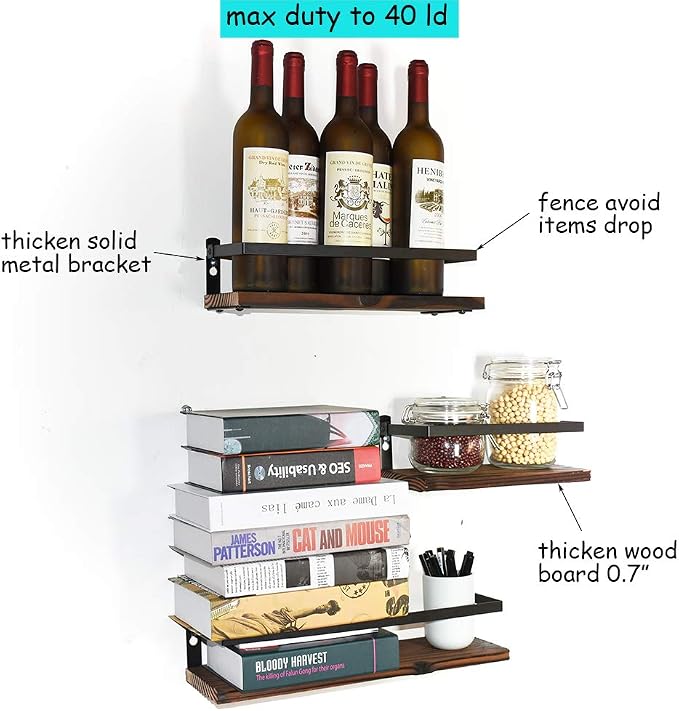 PHUNAYA Floating Shelves Rustic Wood Wall Mounted Shelf Practical Metal Fence - Image 5
