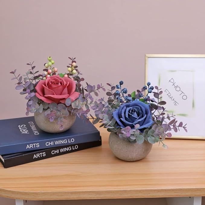 Small Artificial 2pcs Blue Rose Potted Plant, Mini Faux Floral Arrangement - Image 6