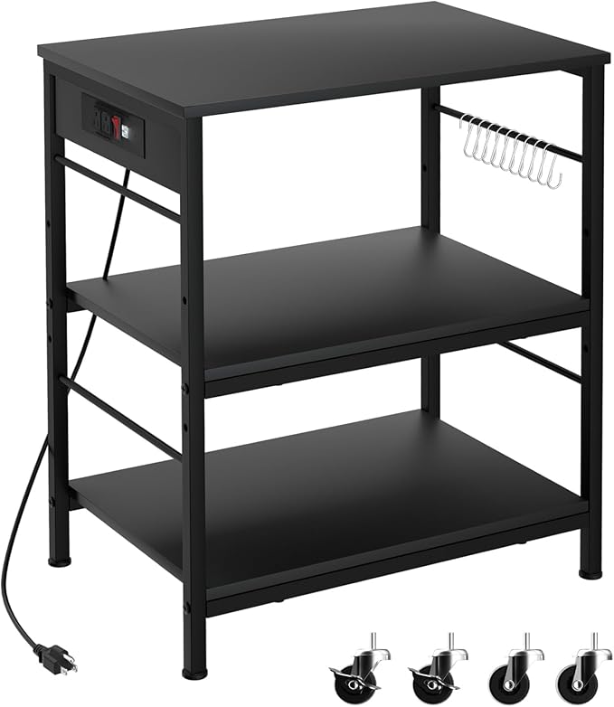 Bakers Rack with Power Outlet Microwave Shelf Stand Black Coffee Bar Table Cart by BTY