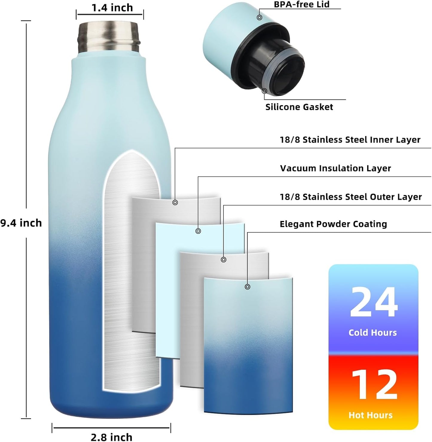 BJPKPK Insulated Water Bottles, 18 oz Stainless Steel Metal Water Bottle with Strap, BPA Free Leak Proof Thermos, Mugs, Flasks, Reusable Water Bottle for Sports & Travel, Sky