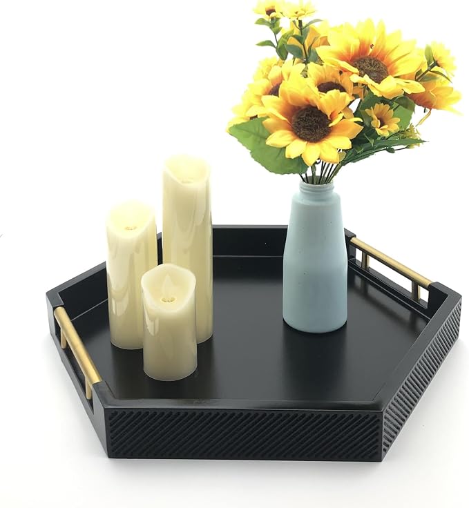 Serving Tray with Polished Metal Handles, Hexagon Coffee Table Tray, Modern - Image 3