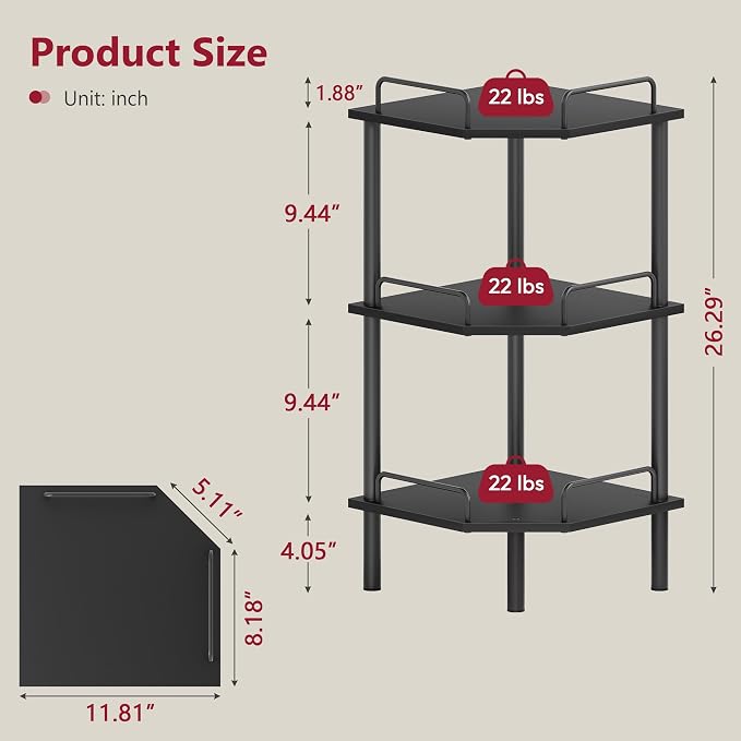 Tajsoon Corner Shelf Stand, 3 Tier Industrial Corner Shelves, Corner Shelving - Image 3