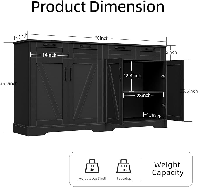 60" Farmhouse Buffet Cabinet - Image 2