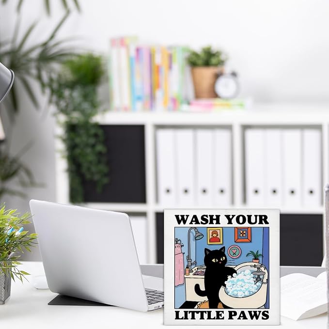 Funny Bathroom Decor Wash Your Little Paw Cute Black Cat Wood Block Sign Decor - Image 6