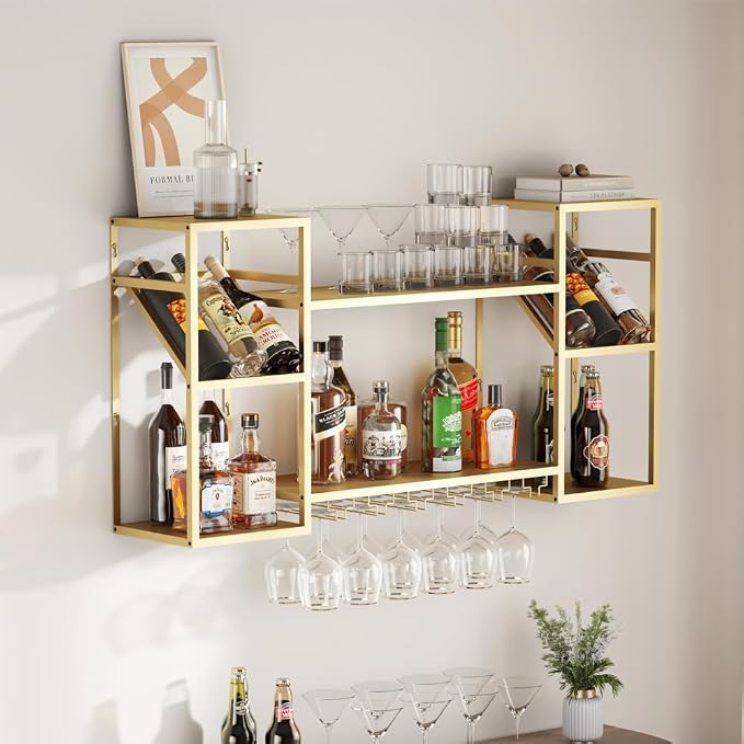 KaKaBB Metal Floating Bar Liquor Shelves 2 Tier, Wall Mounted Wine Rack by KaKaBB
