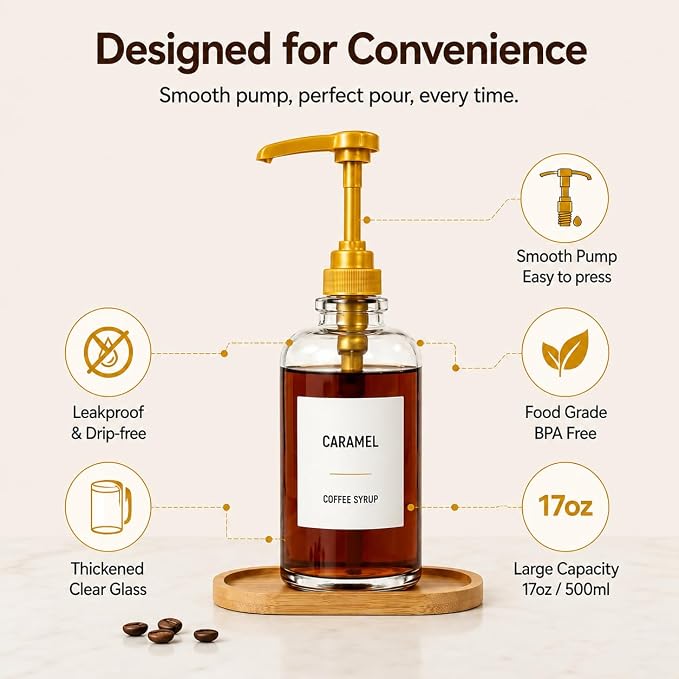 Coffee Syrup Dispenser with Tray, 2 Pack 16oz Glass Coffee Syrup Bottles with - Image 5