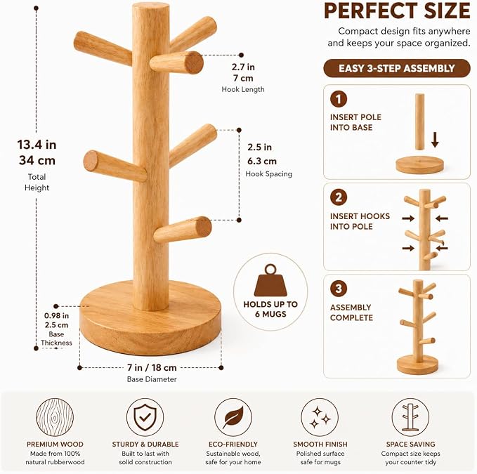 Wooden Mug Tree Stand for Countertop, Coffee Mug Holder Rack - Image 7