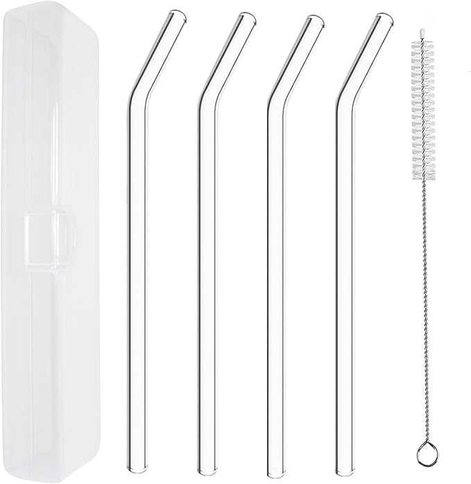 YOGURTCK 4pcs Reusable Clear Glass Drinking Straws, 7.88" x 8MM, Bent Glass by YOGURTCK