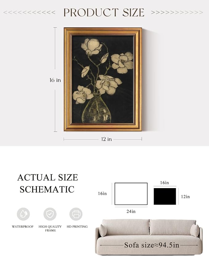 ARPEOTCY Gold Framed Canvas Wall Art, 12x16 Inch Vintage Botanical Floral Still - Image 5