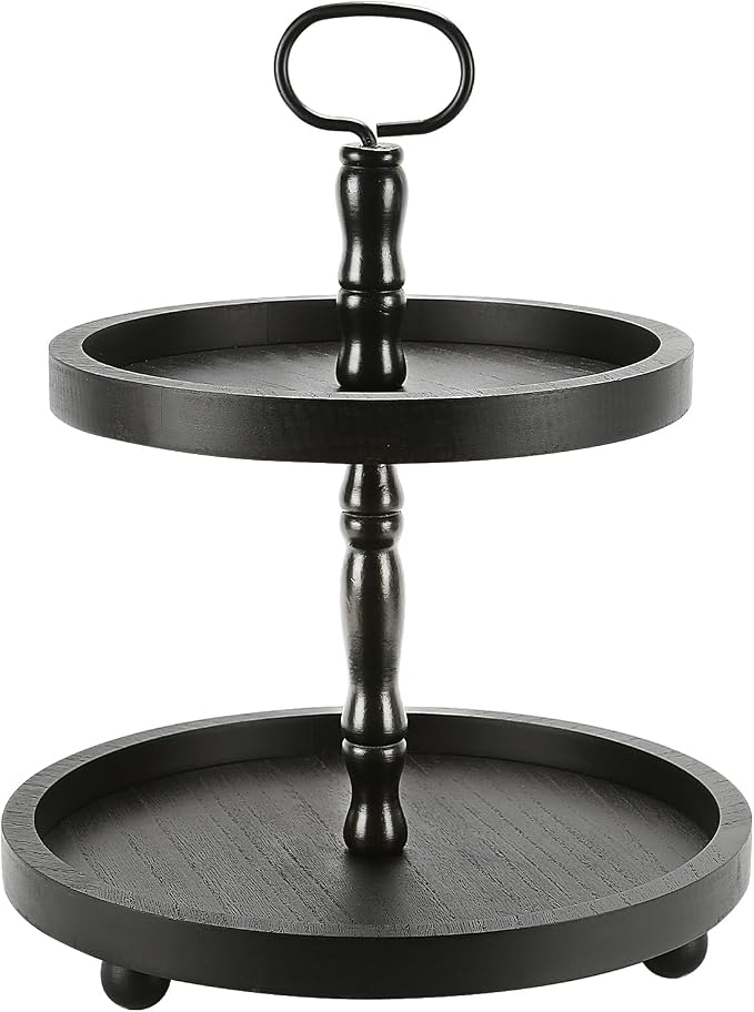 Wooden Two Tiered Tray Stand, Farmhouse Round 2 Tier Decorative Tray by SYNCVIBE