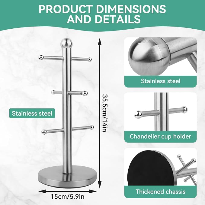 Cyrank Mug Holder, Mug Tree Coffee Cup Tree Coffee Cup Holder Stand Stainless - Image 2