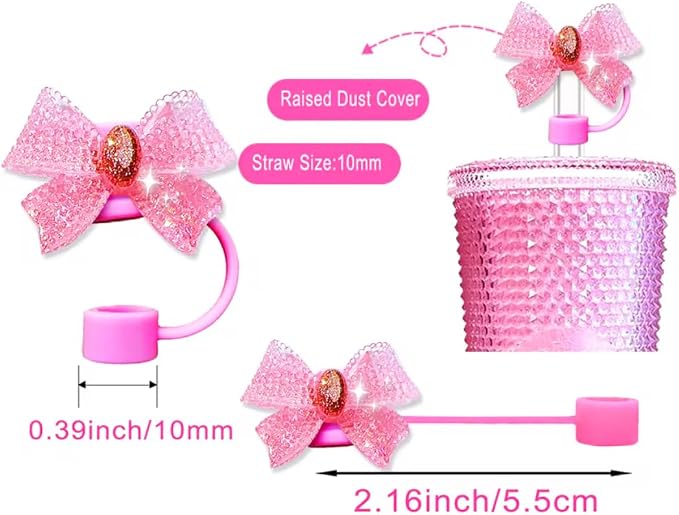 5 Pack 10mm Cute Glitter Bling Bows Straw Toppers, Fits Stanley and Simple - Image 3