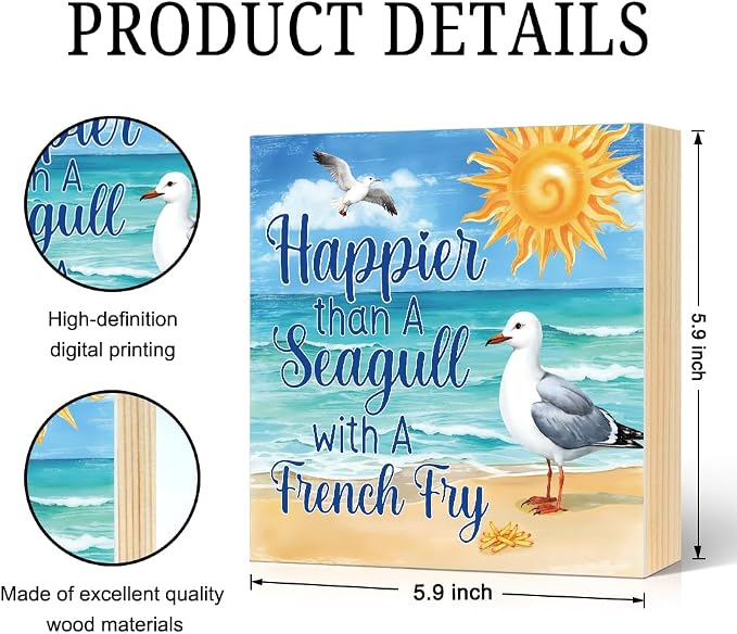 Happier Than a Seagull with a French Fry Wood Block Plaque Box Sign - Image 2