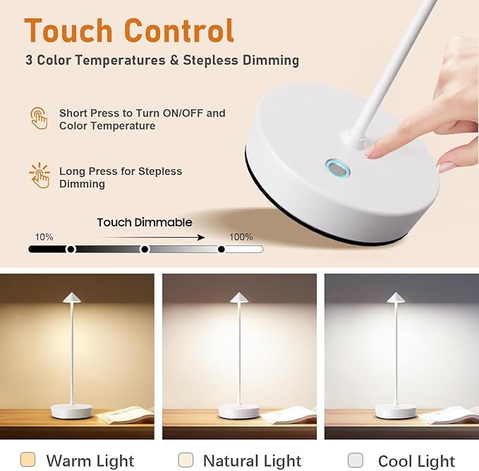 Set of 2 Rechargeable Cordless Table Lamp, 6000mAh LED Battery Operated Desk - Image 3