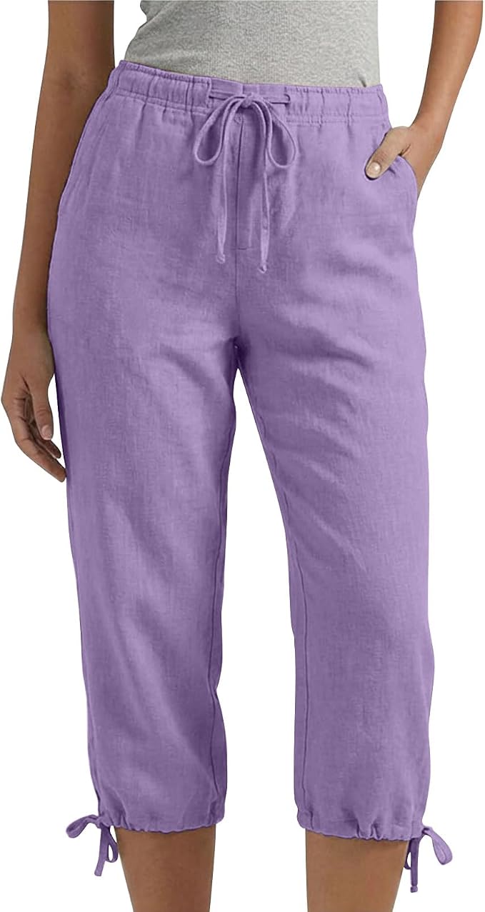 Linen Capri Pants for Women Drawstring Elastic Wide Leg Trouser 2026 Summer - Image 4