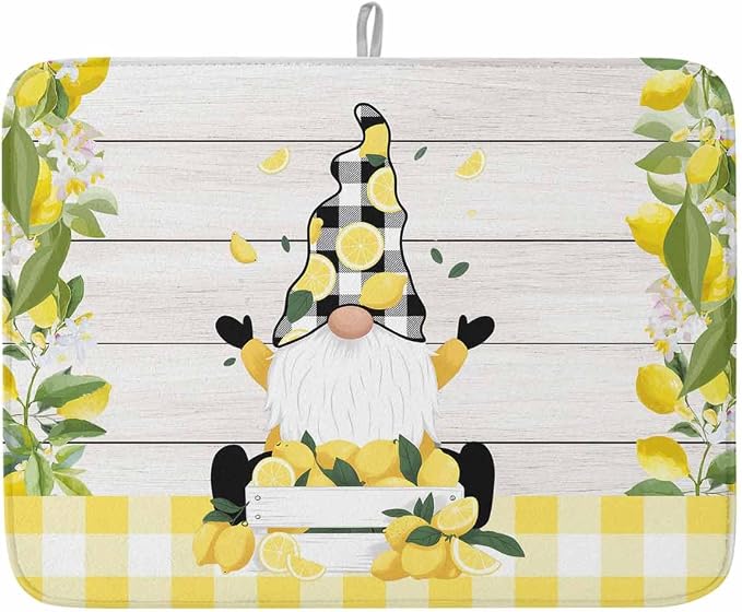 Lemon Dwarfs Dish Drying Mat 18x24 inch Gnome Green Leaf Wood Striped Black by Unknown
