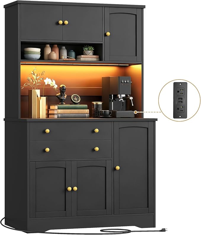 RALGEND Pantry Cabinet with Charging Station and LED Light, Kitchen Hutch - Image 8