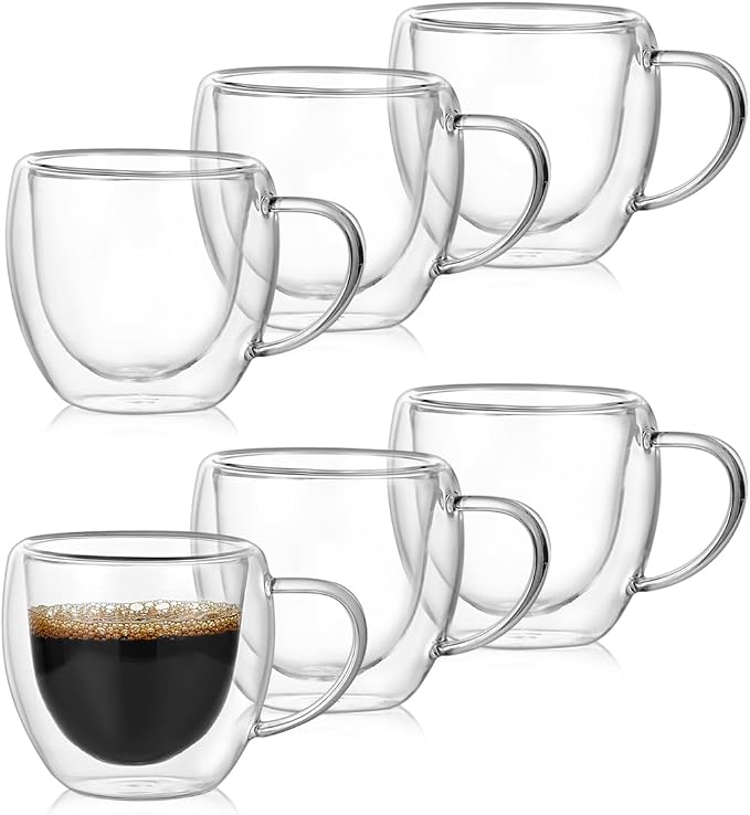 Double Walled Espresso Cups set of 6, 2.7oz Clear Glass Coffee Mugs, by Unknown