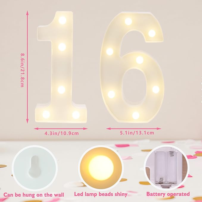 Light Up 16 Number Sign, Warm White Decorative LED Light Up Numbers, Battery - Image 2