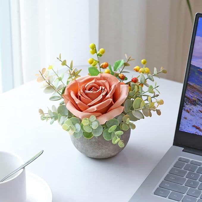Small Artificial 2pcs Orange Rose Potted Plant, Mini Faux Floral Arrangement - Image 6