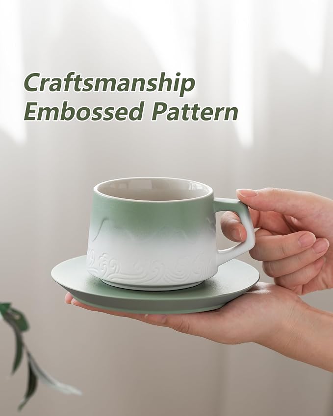 ZENS 8 Ounce Artistic Cappuccino Cups Set of 2, Embossed Ceramic Coffee Mug - Image 7