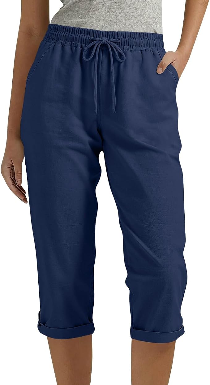 Drawstring Capri Linen Pants Women Elastic Waist Straight Leg Pant Summer Beach - Image 3