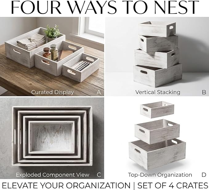 Oojami 4 Pack Nesting Wooden Storage Crates – Decorative Whitewashed Wood Boxes - Image 9