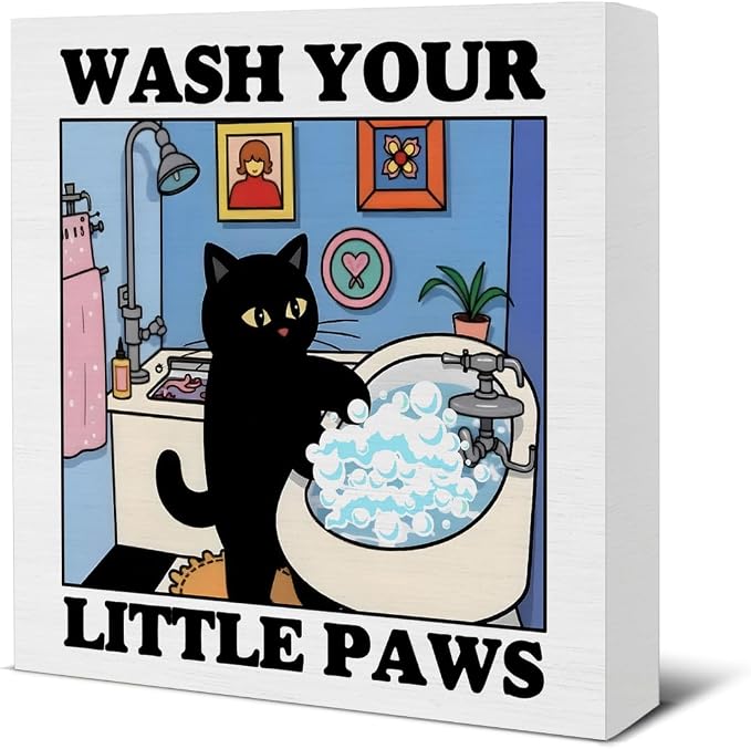 Funny Bathroom Decor Wash Your Little Paw Cute Black Cat Wood Block Sign Decor by Unknown