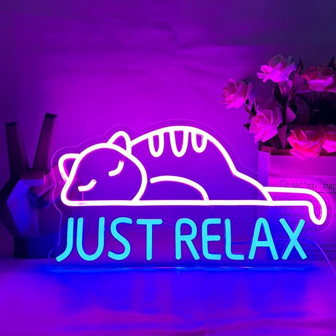 Cat Led Neon Sign Just Relax Words Neon Sign Pink Blue Led Signs by UExnkj-Y