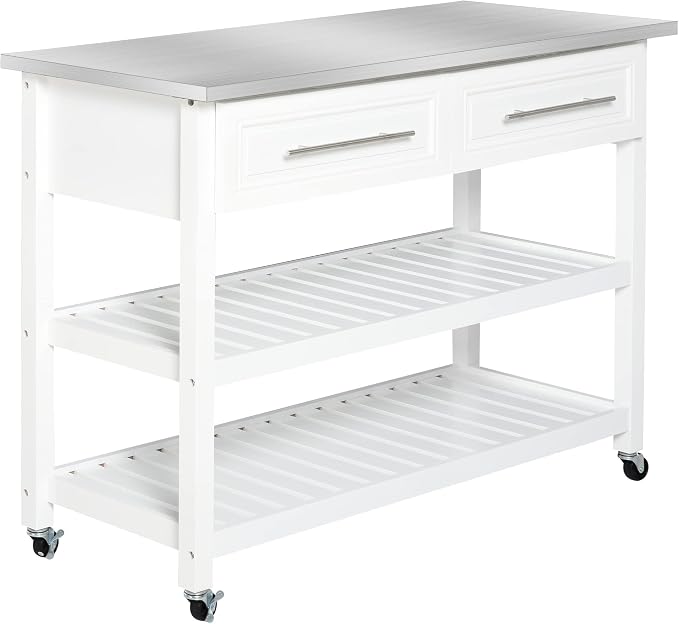 Kitchen Island on Wheels with Stainless Steel Top, Serving & Storage, Farmhouse by EEBUIHUI