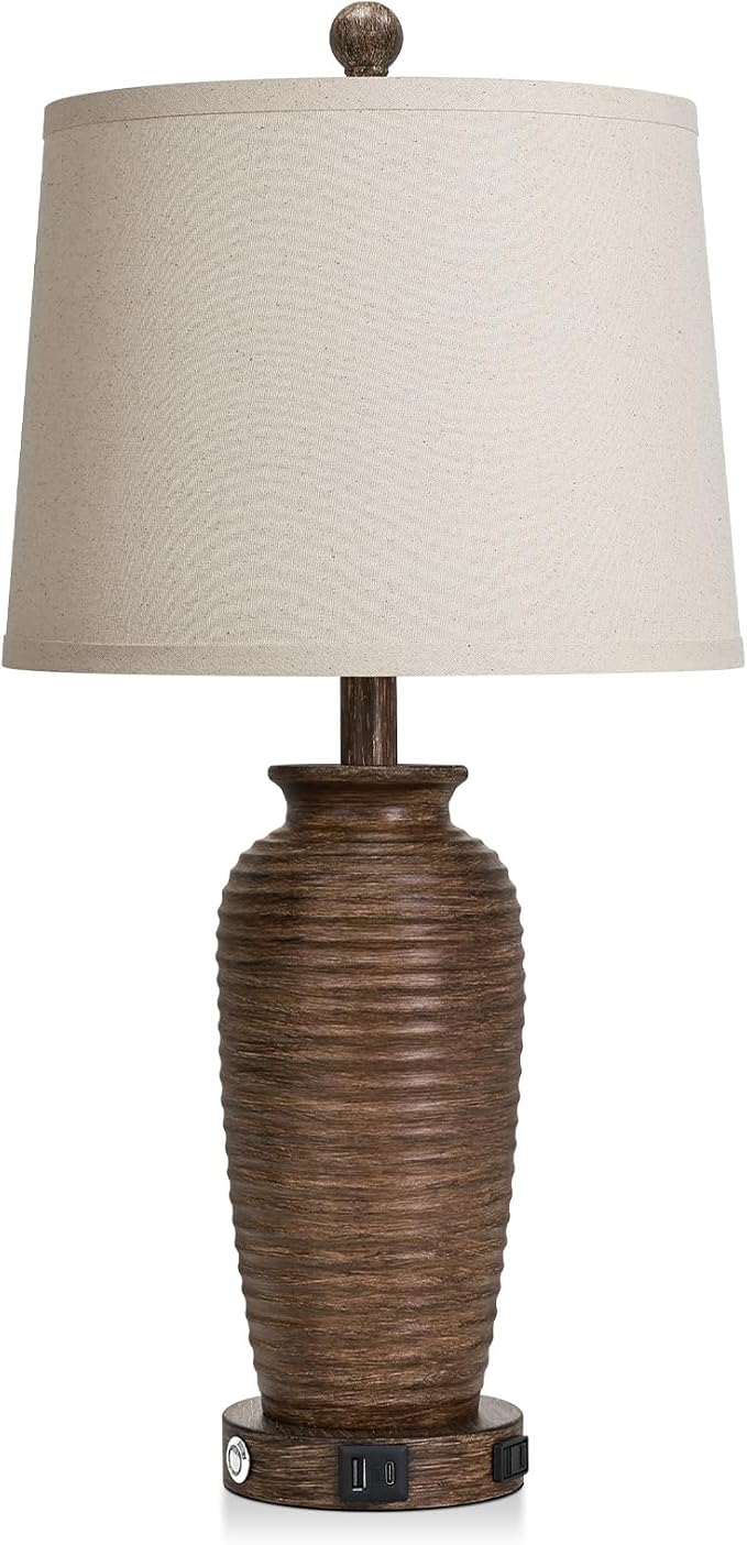 CINSARY 25" Retro Walnut Brown Farmhouse Jar Table Lamps Set of 2, 3 Way Touch - Image 3