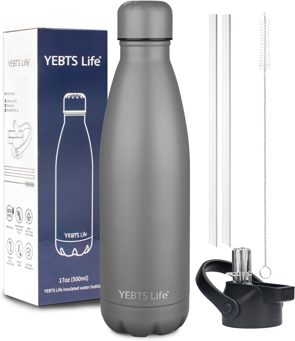 Insulated Water Bottle,17oz Stainless Steel Water Bottles with straw lid,Metal Sports Thermos Water Bottles for Boys,Girls,Double Wall Vacuum BPA-Free Flask for School, Sports (Grey)
